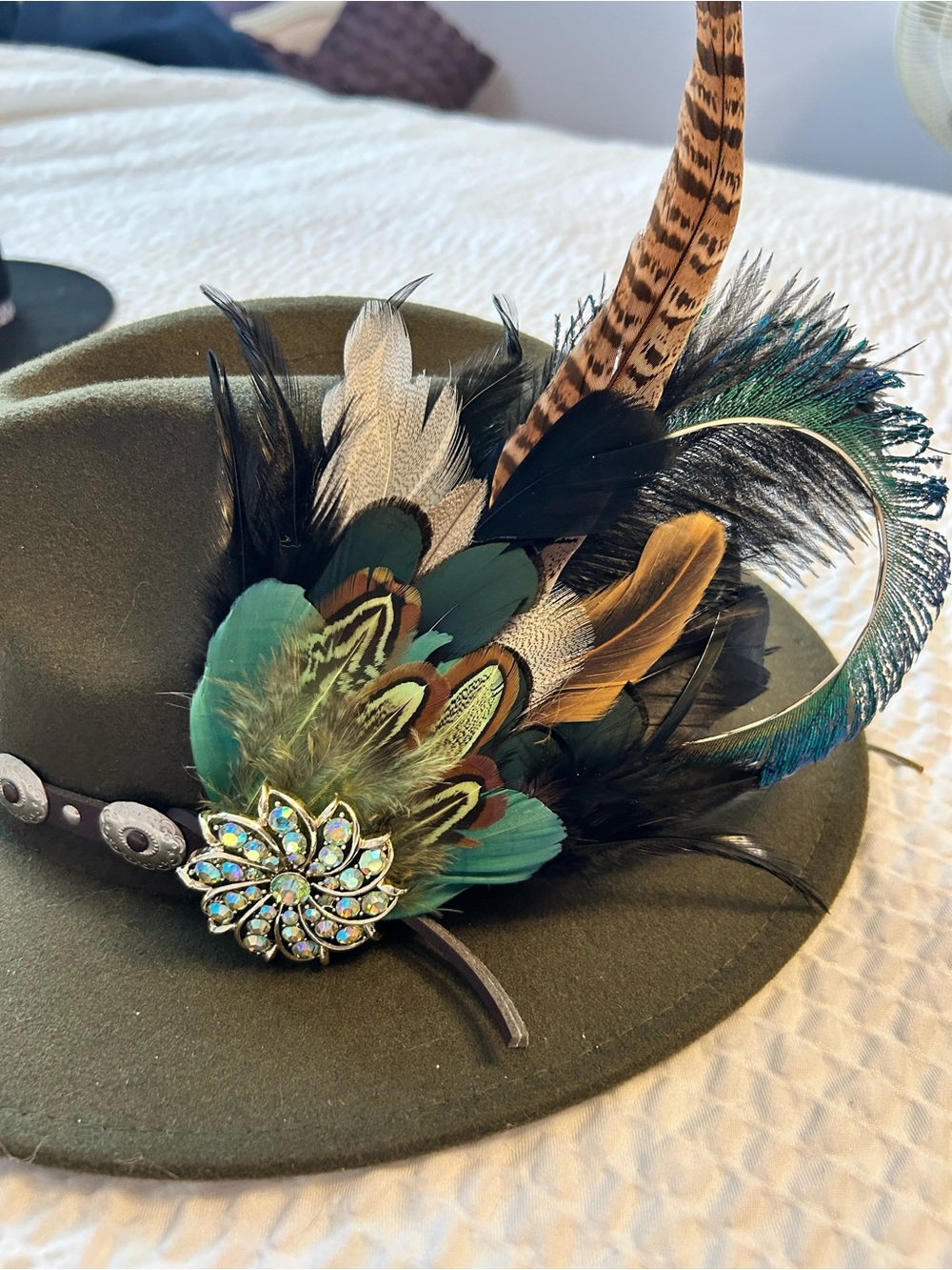 My Fascination Feather Hat pin - Green Teal with vintage crystal brooch